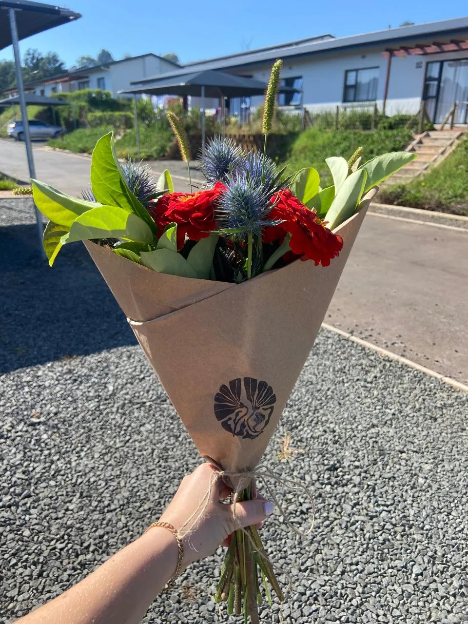 Red zinnias with blue eryngium thistles