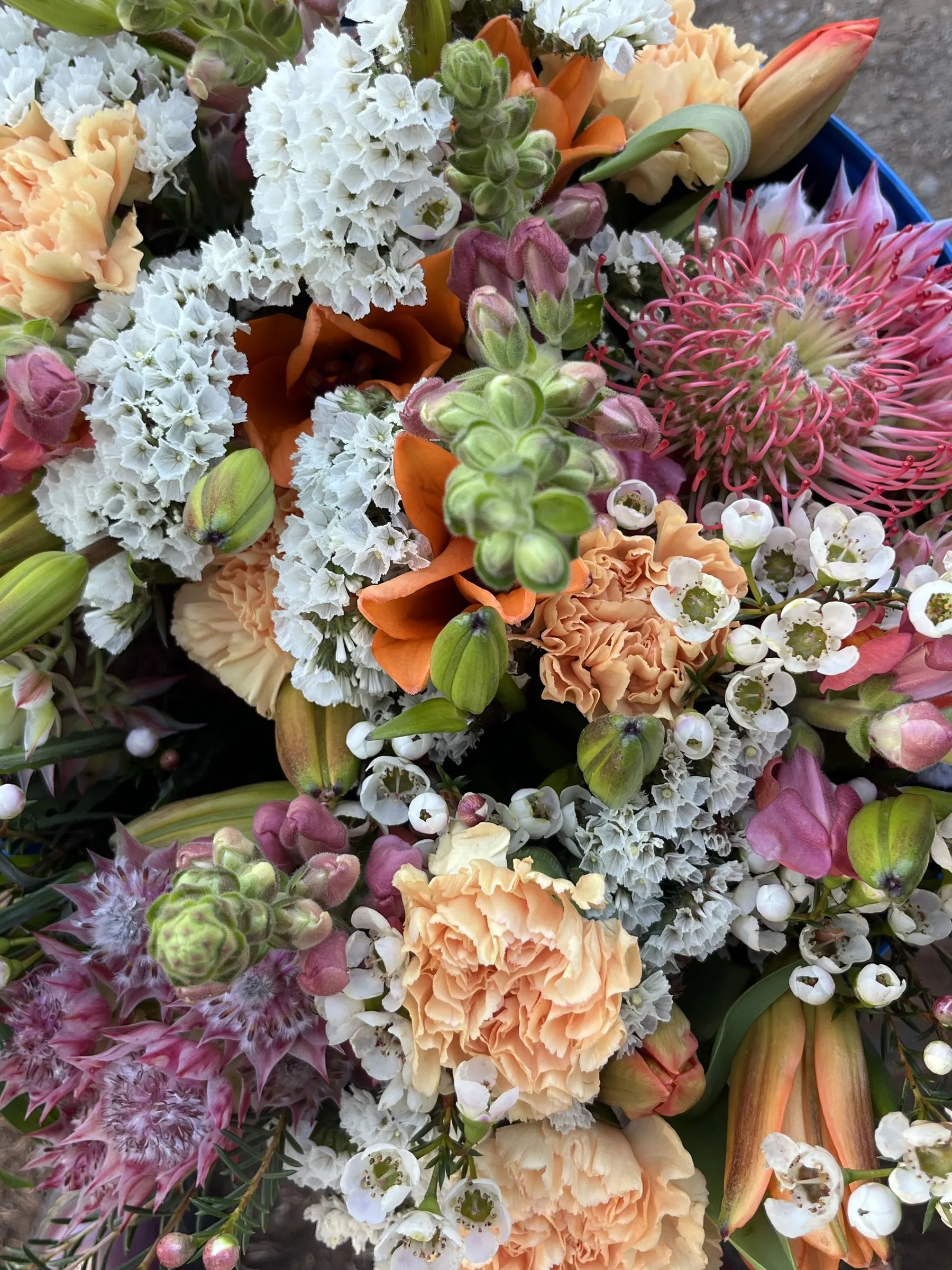 Close detail of pincushion proteas, carnations and waxflower packed together